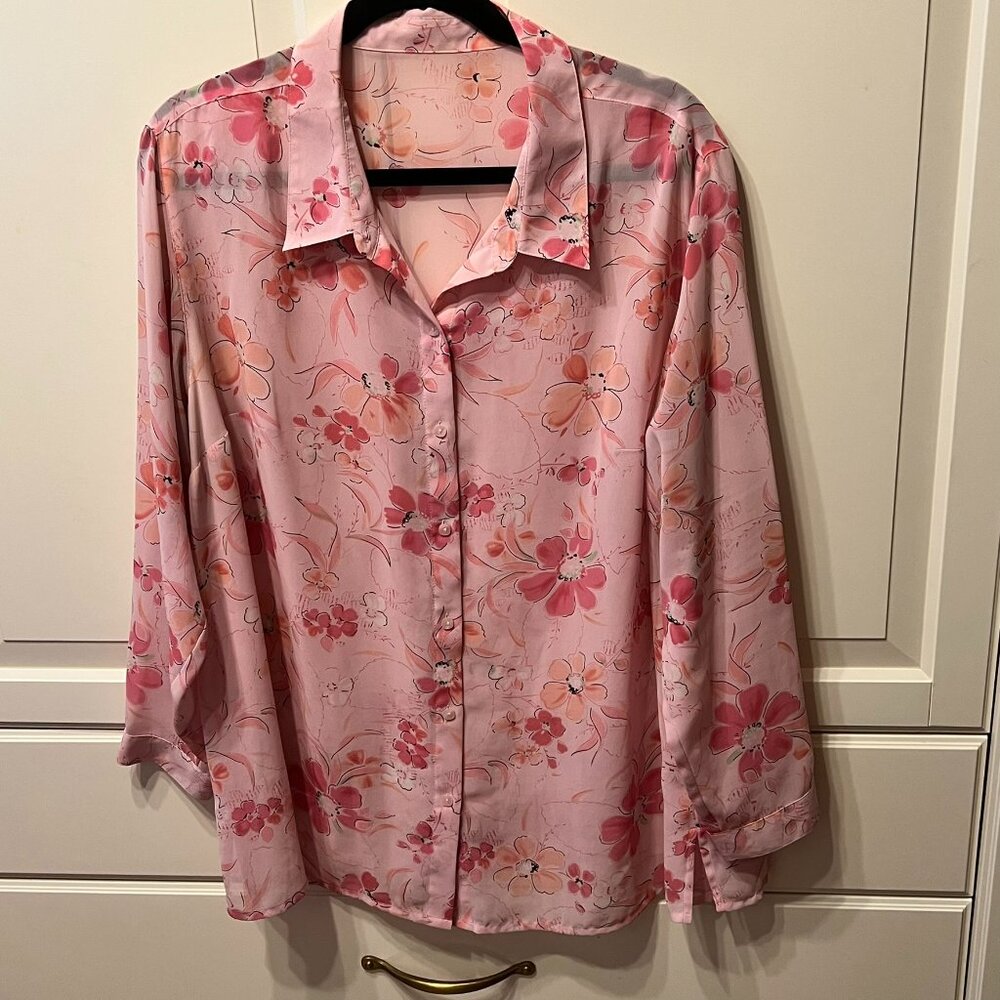 Sheer Pink Floral‎ Long Sleeve Button-Up Topper Blouse (Size 1X)